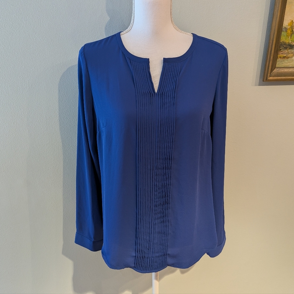 Talbots Wmns Small Pin Tuck Pleated Front Detail Long Sleeve Blouse Top Blue 130